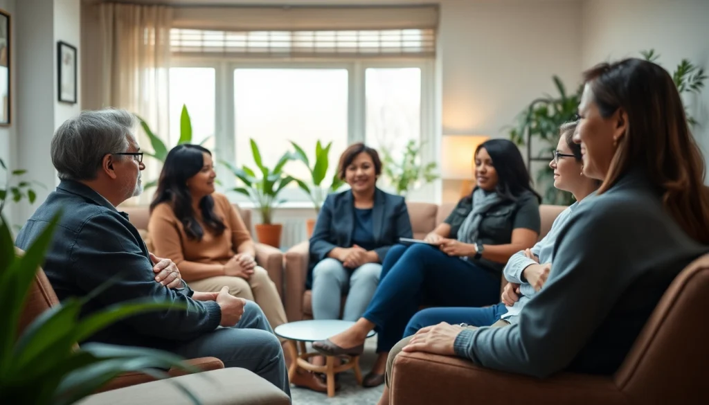 Support group discussing dealing with grief in a peaceful environment, fostering healing.