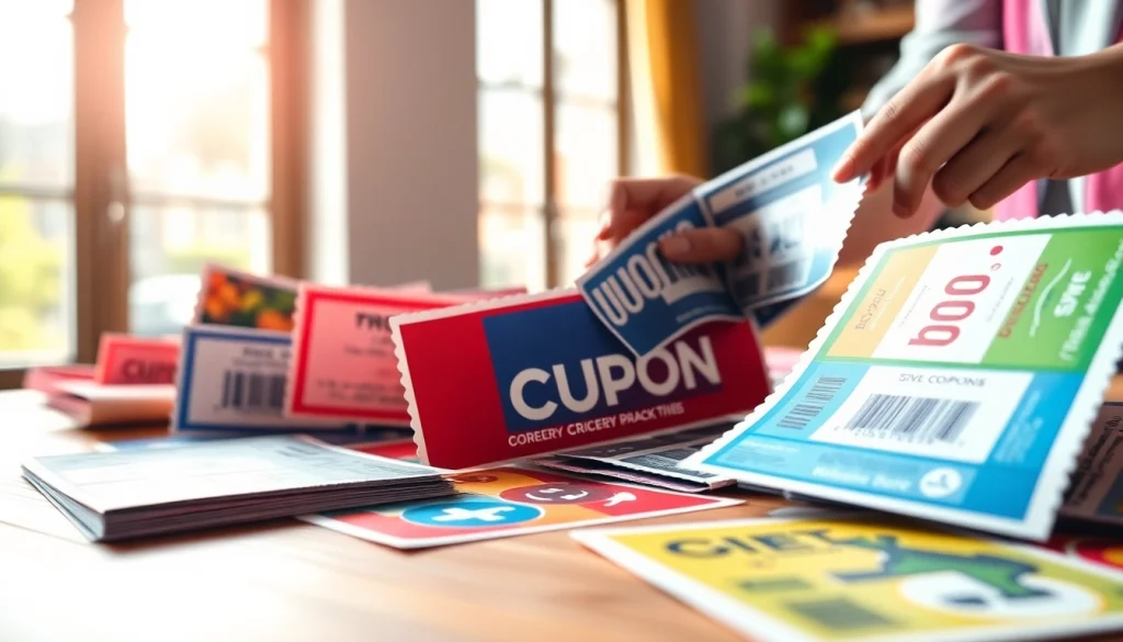Explore vibrant Coupons on a wooden table with hands clipping and engaging in savings.