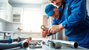 Plumber in Bristol fixing pipes in a modern kitchen while showcasing tools for plumbing.