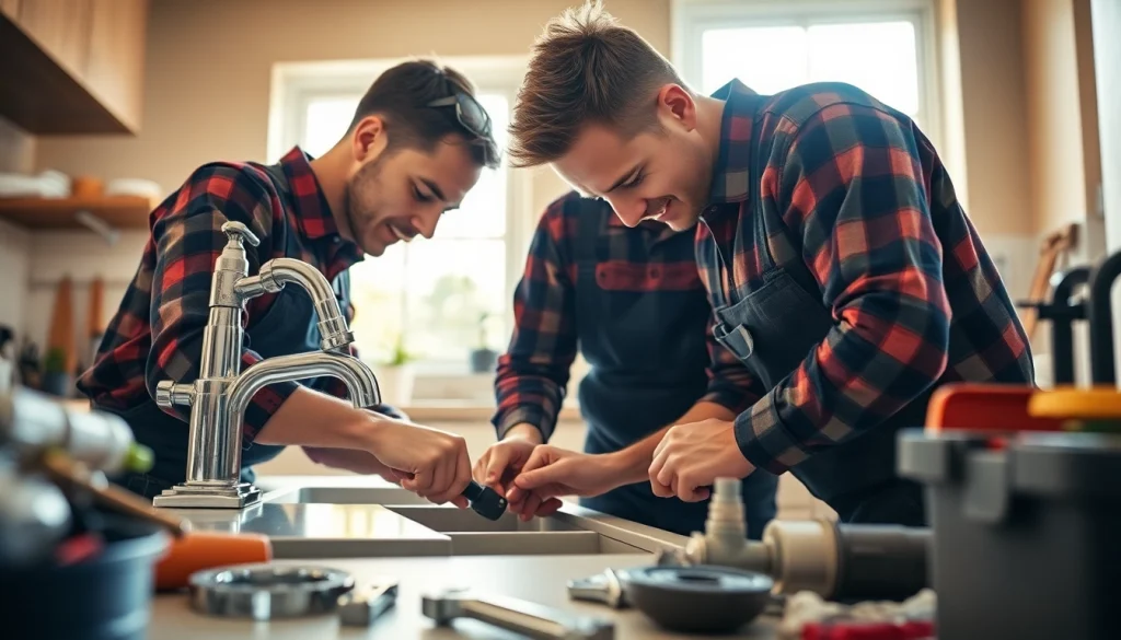 Skilled plumbers knightdale fixing a kitchen sink while tools are scattered around.