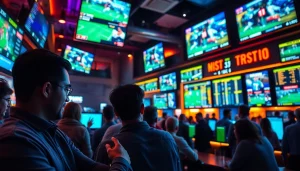 Engaging scene of sports betting with enthusiastic bettors analyzing odds in a lively bar setting.