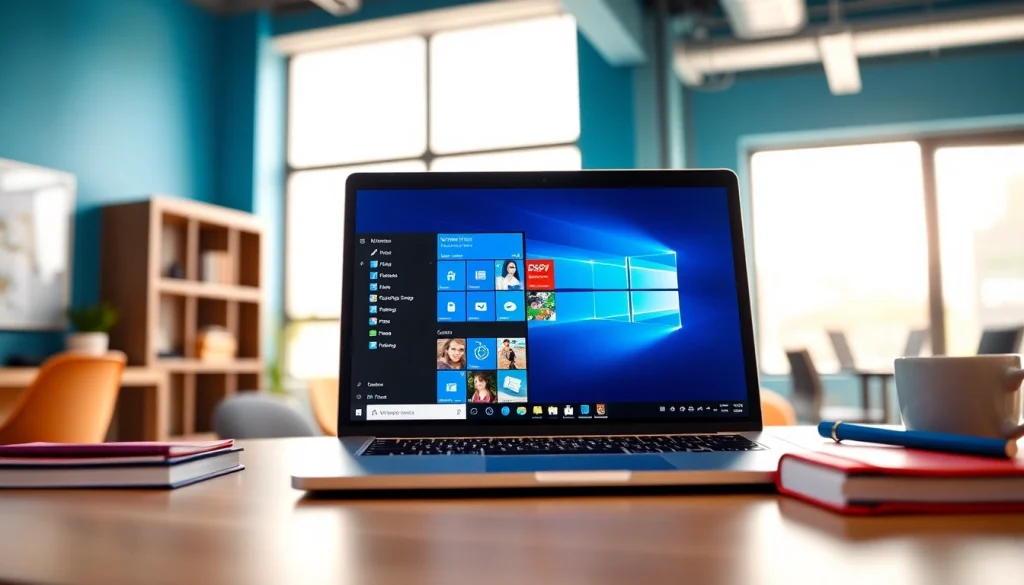 Nutzen Sie Microsoft Windows in einem modernen digitalen Arbeitsplatz mit einem Laptop und kreativen Anwendungen.