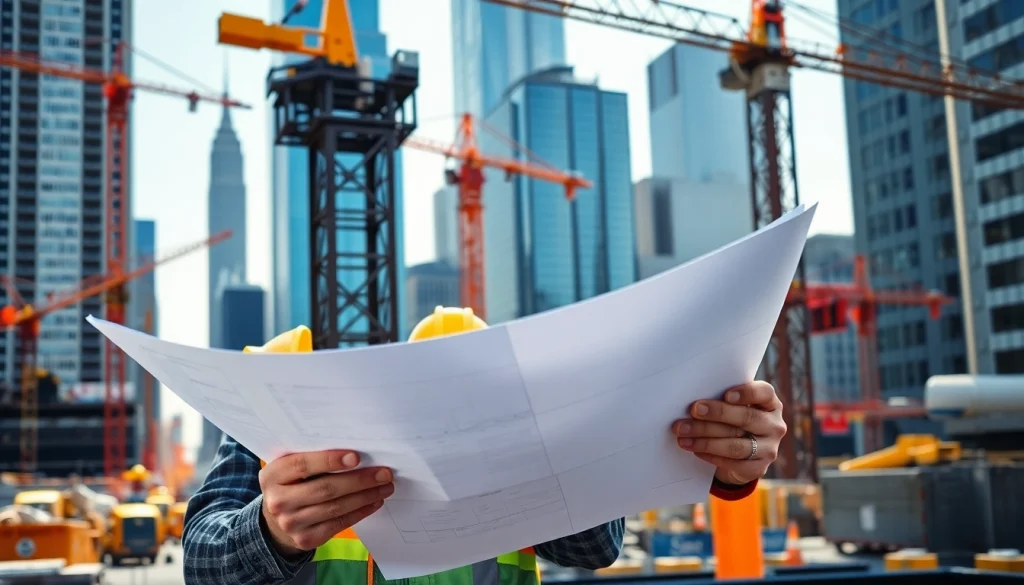 New York Construction Manager reviewing blueprints amid vibrant urban construction activities.