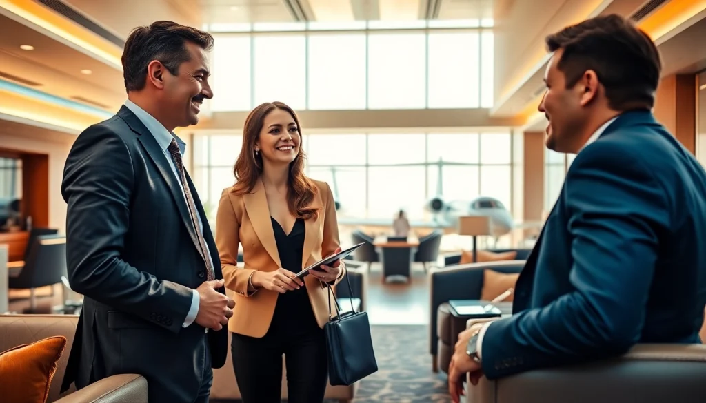 Engaging private aviation concierge providing personalized travel services in an upscale airport lounge.