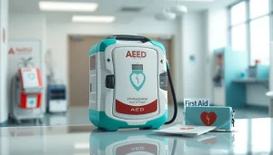 Highlighting an AED machine in a healthcare setting for emergency preparedness.