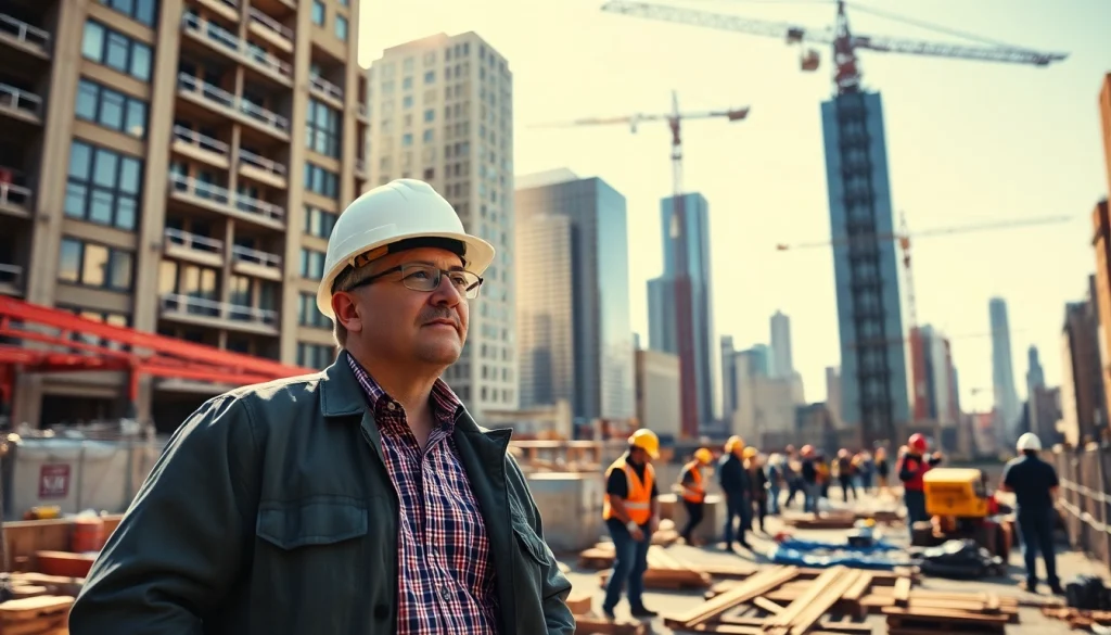 Manhattan Commercial General Contractor directing a team on an urban construction site with cranes and buildings.