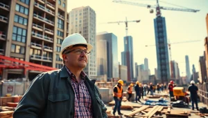 Manhattan Commercial General Contractor directing a team on an urban construction site with cranes and buildings.