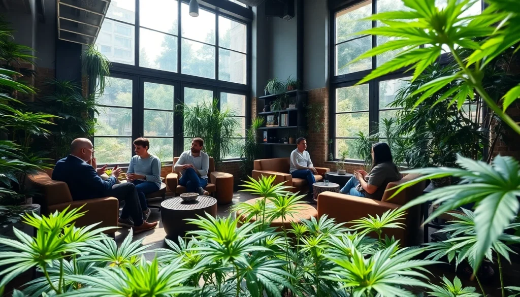 Join the vibrant community at https://cannabisbcn.com cannabis club in Barcelona, featuring lush greenery and social interaction.