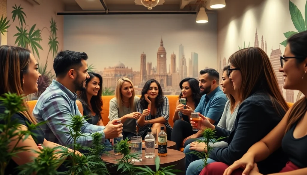 Enjoying community at https://cannabisbcn.com, members interact inside a vibrant Barcelona cannabis club.