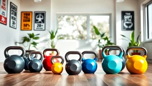 Arrange affordable kettlebells for home gyms in a bright modern gym setting for effective workouts.