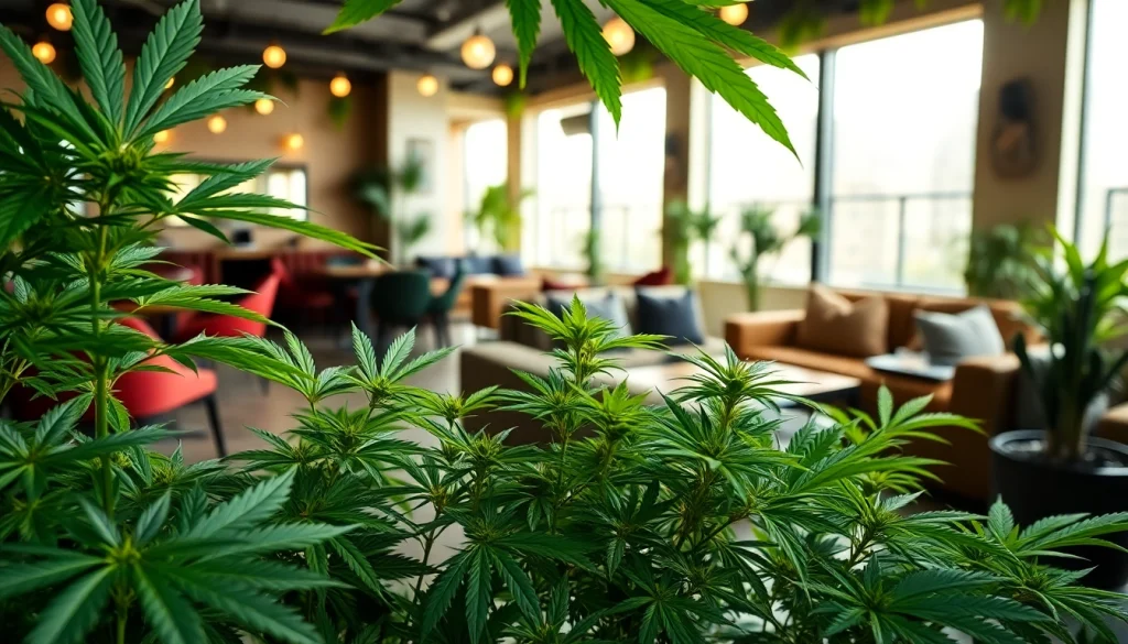 Join the vibrant community at https://cannabisbcn.com with lush cannabis plants and inviting atmosphere.