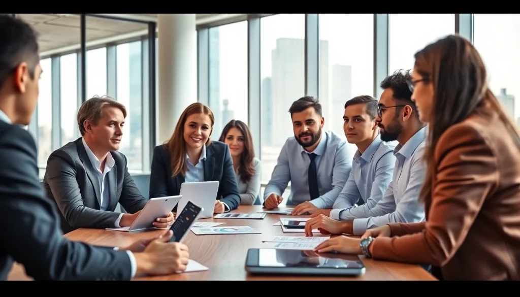 Engaged B2B buyers discussing strategy in a modern office setting.