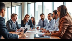 Engaged B2B buyers discussing strategy in a modern office setting.
