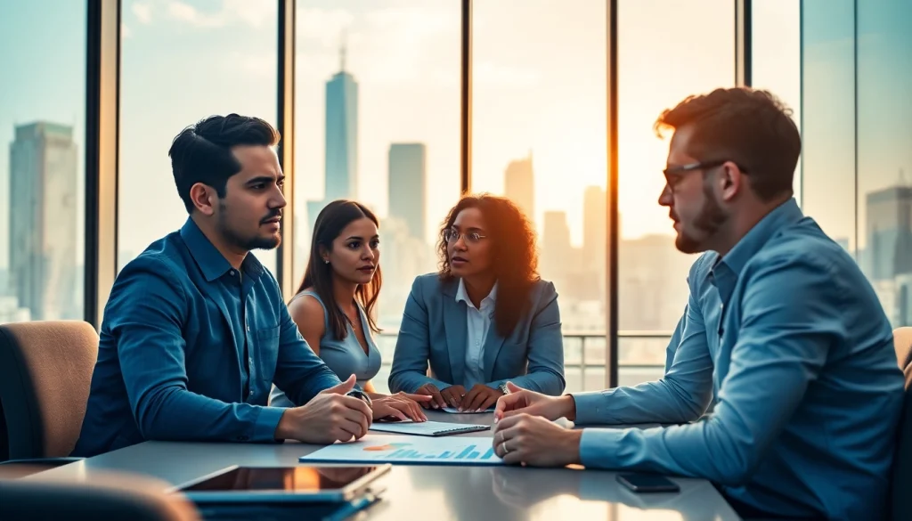 Analyze REIT stocks during a professional investment discussion in a vibrant conference room.