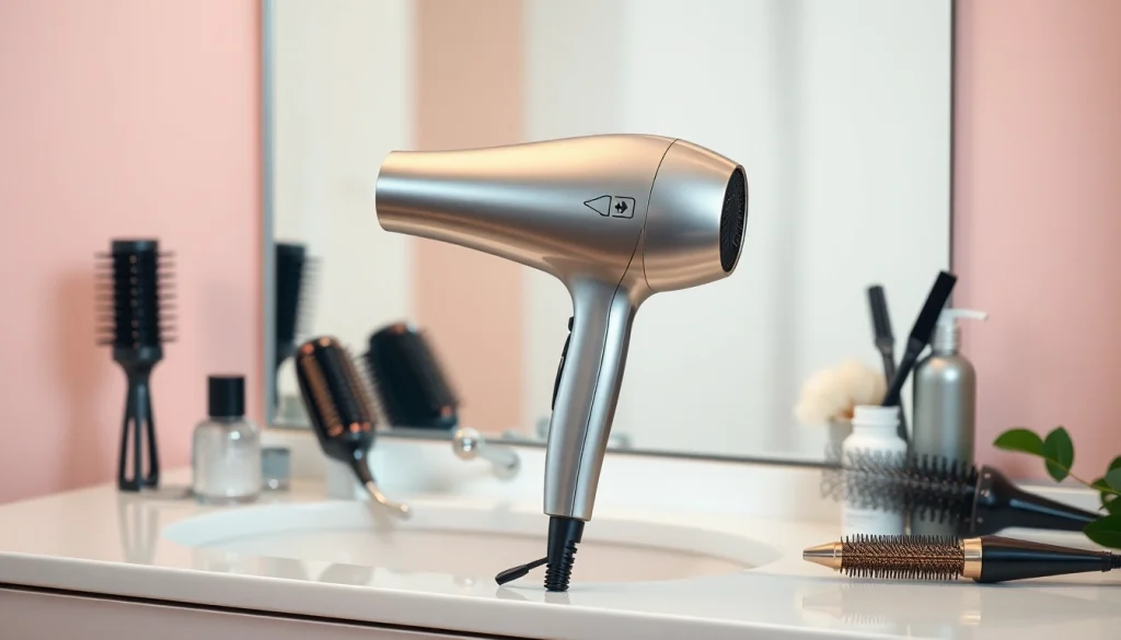 Showcase the best blow dryer alongside salon accessories, highlighting its sleek design and beauty.