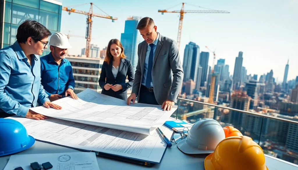 New York Construction Manager discussing project details with a diverse team on-site