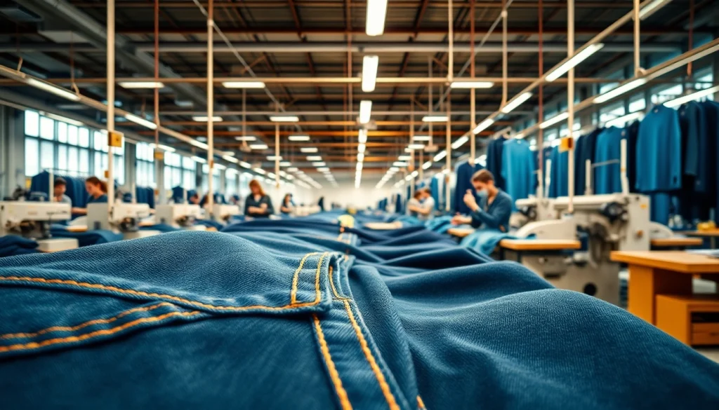 Showcase of quality wholesale jeans manufacturers in a vibrant clothing manufacturing facility.