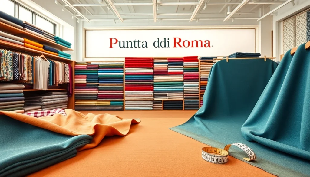 Punta di Roma stofpresentatie in een elegante showroom met veelzijdige kleuren.