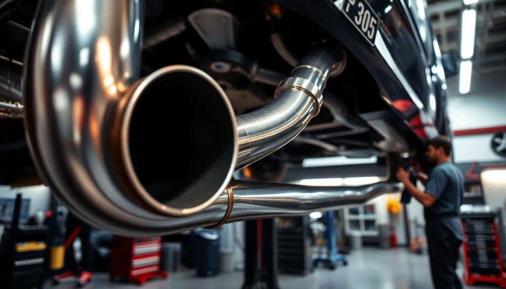 Install a midpipe in a professional automotive garage with shimmering metallic surfaces.