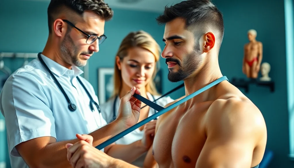 Engage with a sports physio providing treatment for athletic injury recovery in a calming environment.