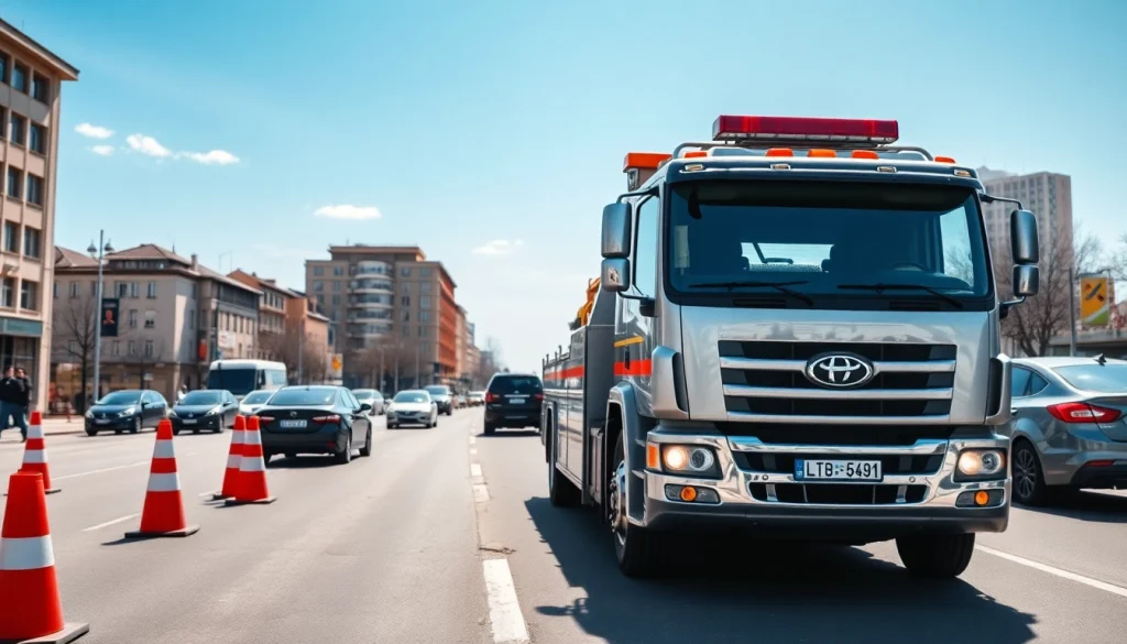Usługi auto holowanie Tychy z widocznym samochodem lawetowym na ruchliwej ulicy.
