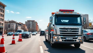 Usługi auto holowanie Tychy z widocznym samochodem lawetowym na ruchliwej ulicy.