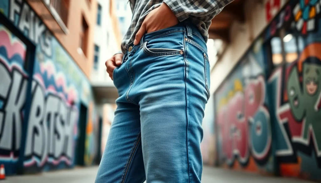 Showcase of high-quality wholesale jeans manufacturers in an urban fashion setting.