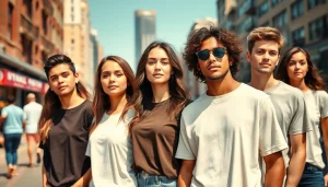 Showcasing diverse styles of best blank t shirts in an urban setting, emphasizing fit and texture.
