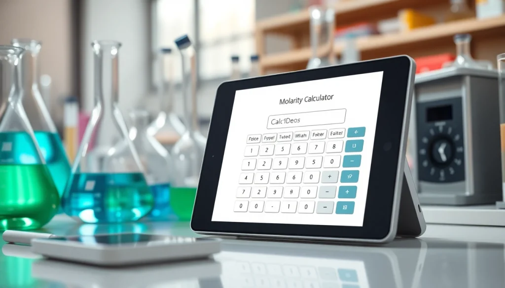 Calculate various measurements with the Molarity Calculator in a professional lab setting.