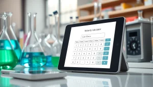 Calculate various measurements with the Molarity Calculator in a professional lab setting.