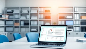 Simplified graphic showing how to merge PDF files effectively with a user-friendly interface on a laptop screen.