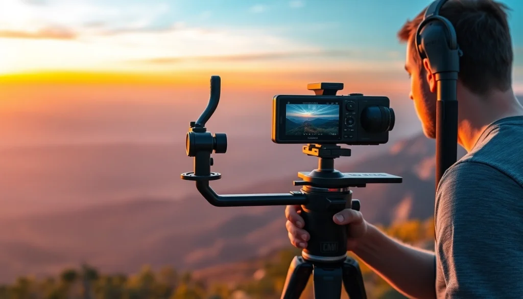 Filmmaker using a gimbal stabilizer​ to capture stunning sunset landscape.