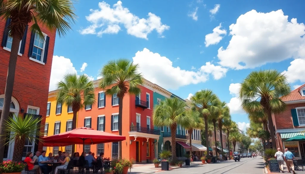Stunning street view showcasing colorful homes and lively cafés in Charleston SC.