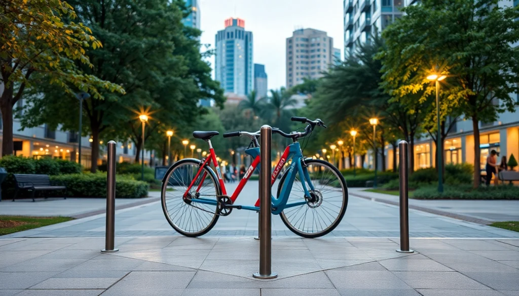 Showcasing a designer bike rack in an urban park, emphasizing its modern and stylish features.