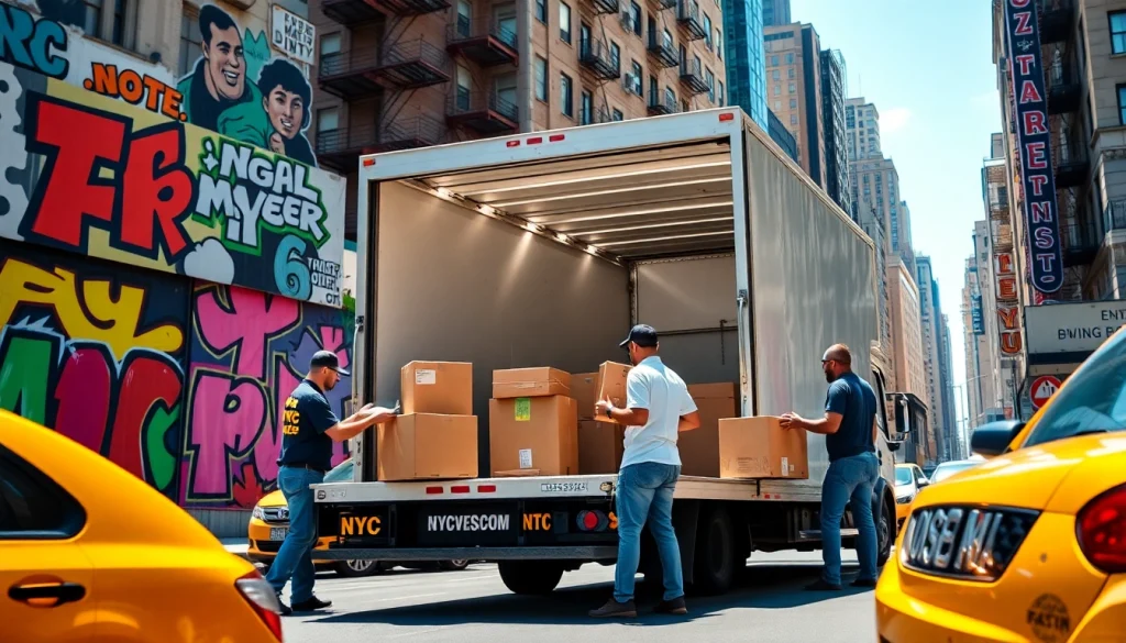 NYC movers skillfully loading a truck in a vibrant urban setting, ensuring a smooth relocation experience.
