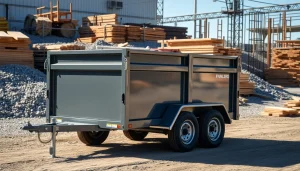 Showcase of dumpster trailers for sale, highlighting a robust model in an industrial environment.