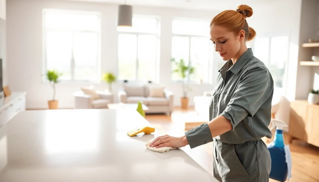 Bond cleaning professional scrubbing a kitchen countertop in a bright living room.