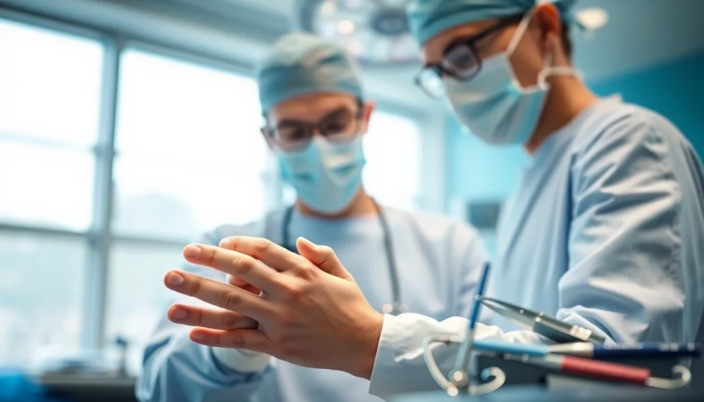 Handchirurgie Braunschweig: Handchirurg untersucht sorgfältig die Hand eines Patienten in einem modernen Krankenhaus.
