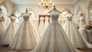 Showcasing stunning Ball Gown Wedding Dresses with luxurious details in a bridal boutique.