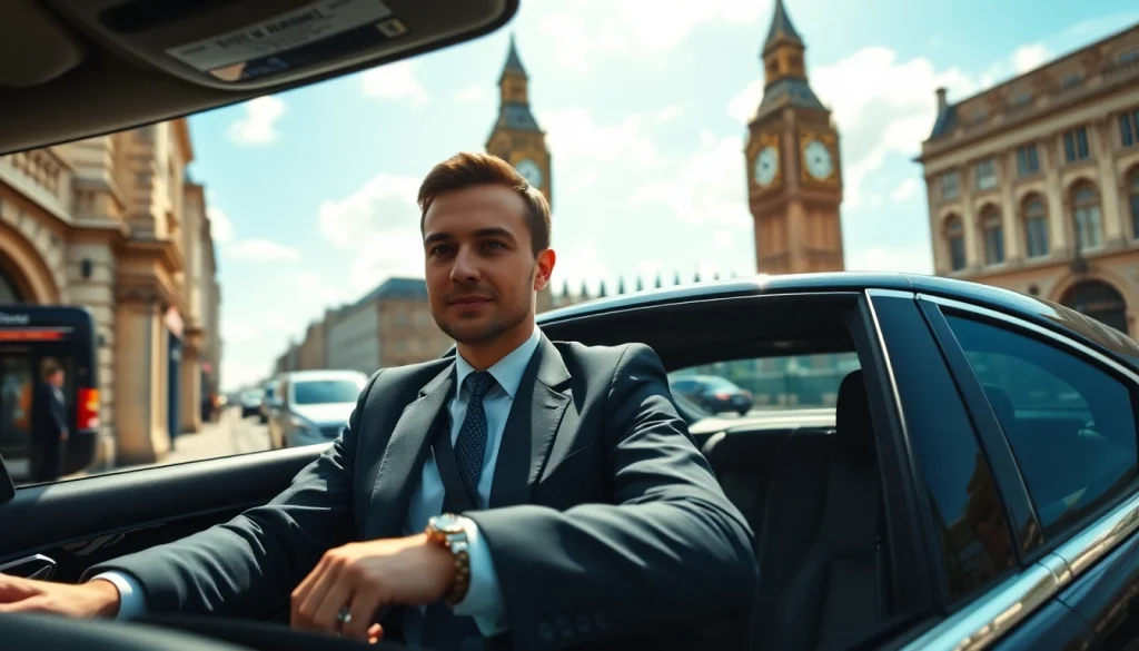 Experience chauffeur hire london with a professional driver in a luxury black car against the London skyline.