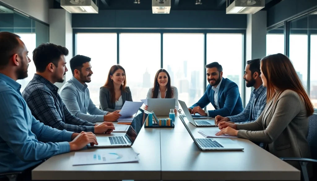 Collaborative entrepreneurs discussing fba wholesale strategies in a bright office environment.