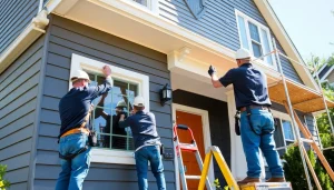 Siding Replacement Portland Oregon showing professionals installing new vinyl siding on a home.
