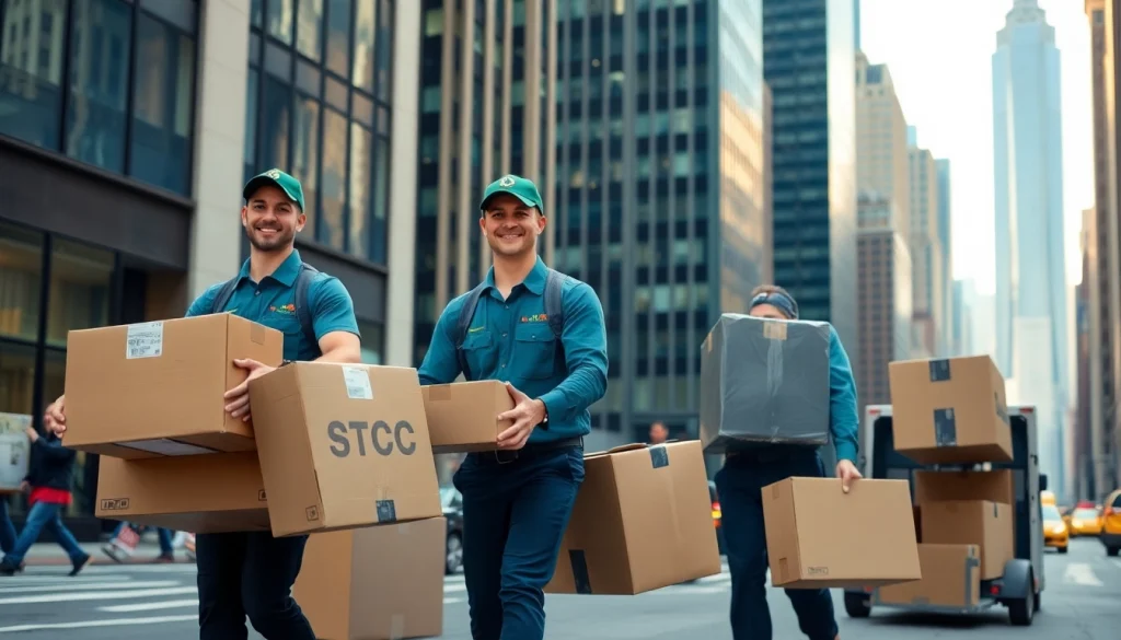 Best movers nyc efficiently handling packing in a vibrant New York City setting with iconic buildings.
