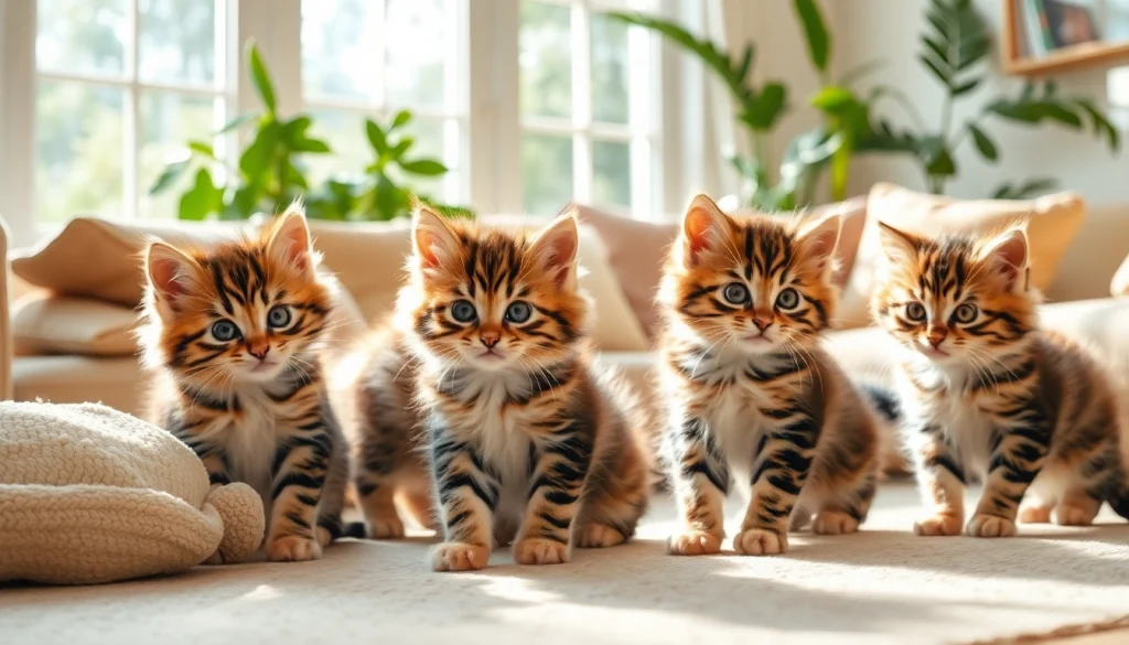 Maine Coon kittens for sale Bay Area playing in a sunlit living room with plush toys.