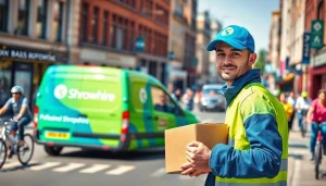 Efficient Shropshire courier actively delivering packages in a vibrant urban environment.