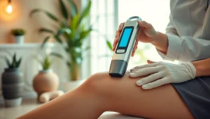 Experience cellulite therapy with a practitioner using modern acoustic wave technology in a tranquil spa.