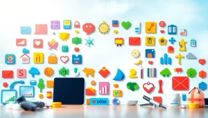Showcase creative Icons representing various themes in bright colors and modern designs.