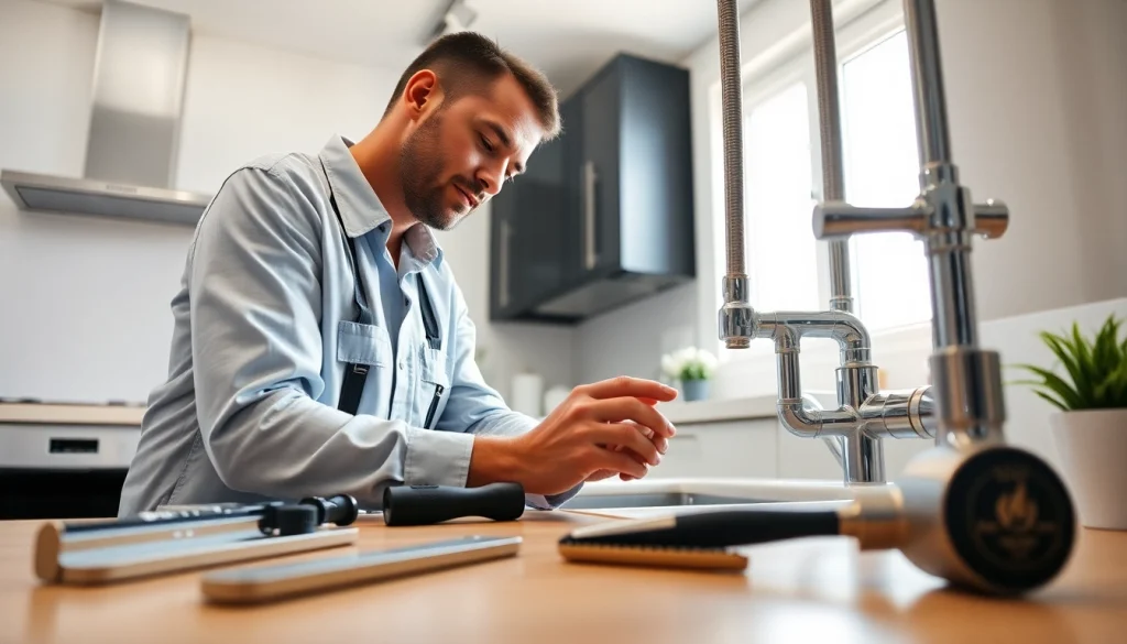 Assessing plumbing wake forest with a professional plumber inspecting pipes and tools in a modern kitchen.