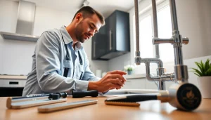 Assessing plumbing wake forest with a professional plumber inspecting pipes and tools in a modern kitchen.