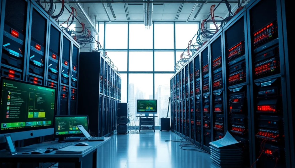 Server kaufen in einem professionellen Rechenzentrum mit modernen Server-Racks und Netzwerkgeräten.